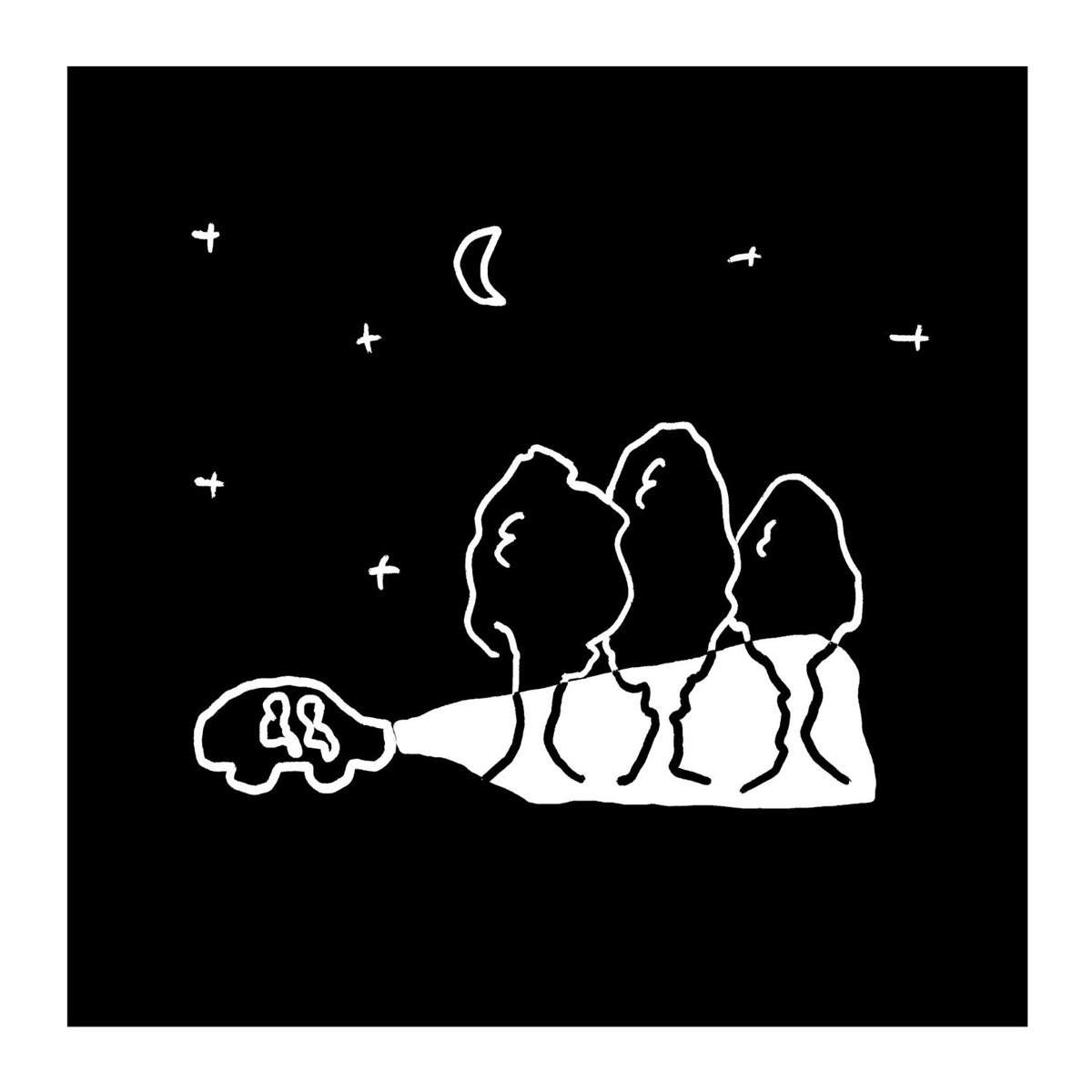A small car drives at night along a road lined with tall trees, under a crescent moon and stars, drawn white on black.