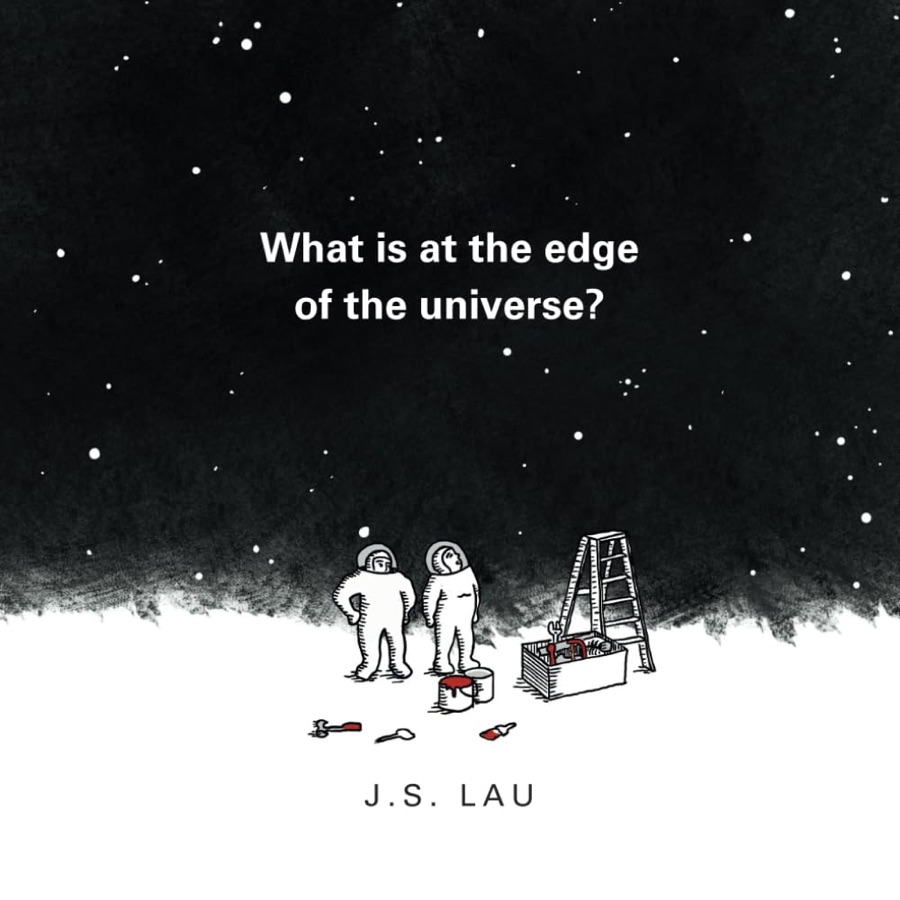 Cover of What is at the edge of the universe?: two small astronauts with a toolbox and a ladder under a starry black sky.