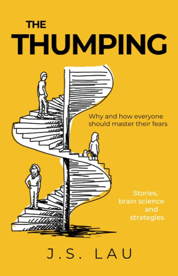 Cover of The Thumping: yellow, with a drawing of two people on a spiral staircase.